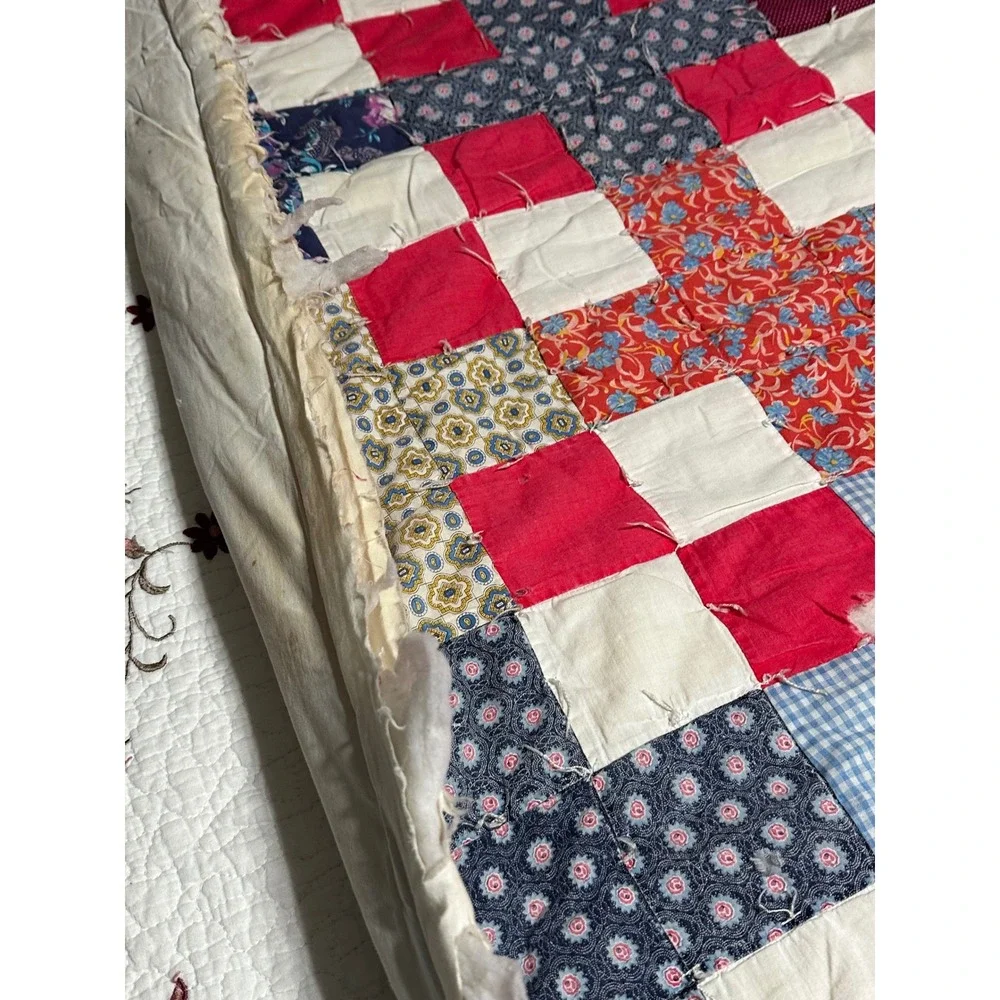 Vintage Hand Tied Patchwork Cutter Quilt Red Multicolor 75x67 Farmhouse